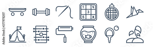 12 pack of icons. thin outline icons such as gardening, fish tank, table football, disco ball, sewing, dumbell for web and mobile apps, logo #377978207