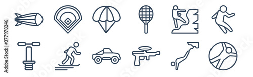 12 pack of icons. thin outline icons such as zorbing, paintball, snowboarding, climbing, parachuting, baseball field for web and mobile apps, logo