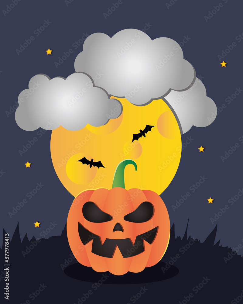 Happy halloween concept, halloween pumpkin and bats flying over full moon