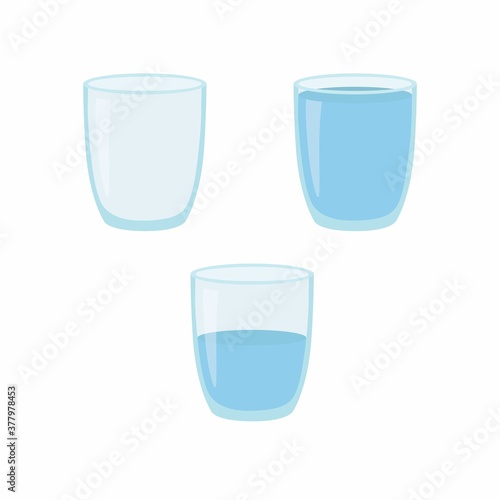 Empty, half and full water glass. Vector illustration.