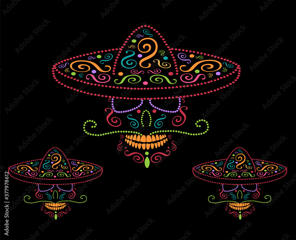 Mexican skulls with sombrero, Day of the dead colorful background Mexican skulls with sombrero, Day of the dead colorful background