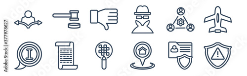 12 pack of icons. thin outline icons such as attention, address, consent, cooperation, right to objection, auction for web and mobile apps, logo