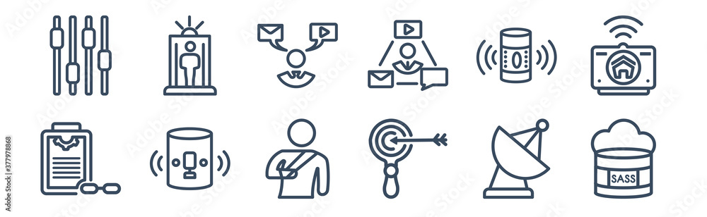Fototapeta premium 12 pack of icons. thin outline icons such as saas, sem, smart assistant, smart speaker, social media specialist, solarium for web and mobile apps, logo