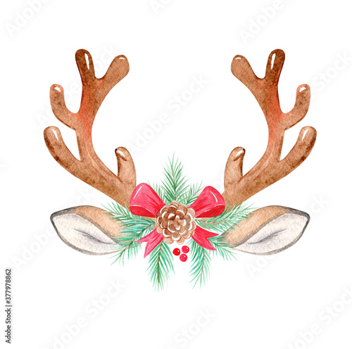 watercolor deer antler with christmas decor isolated on white background