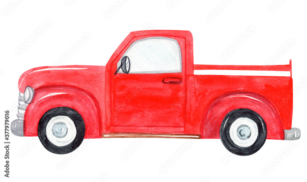 watercolor red truck side view  isolated on white background