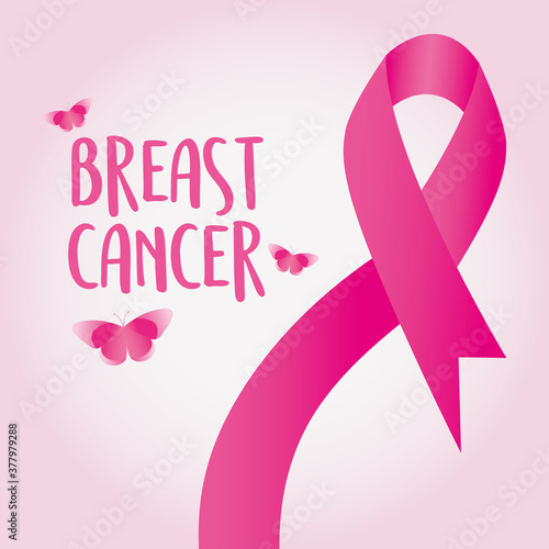 breast cancer awareness design with pink ribbon and butterflies