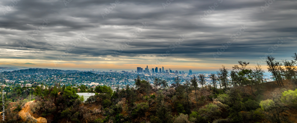 Los Angeles under a cloudy sky seen from Bronson Canyon