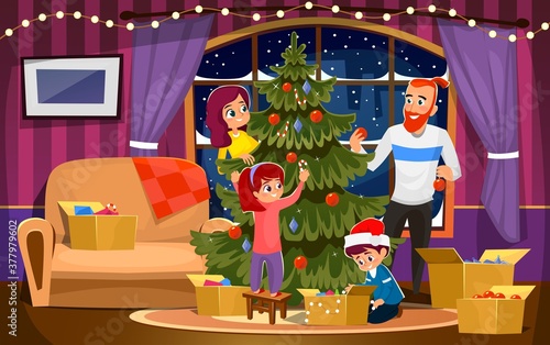 Family preparing for holiday celebration in cartoon flat style. Mother, father, son and daughter decorating Christmas tree. Holiday winter vector illustration.