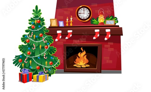 Merry Christmas cartoon vector illustration with decorated Christmas tree and fireplace. Cozy winter holiday elements isolated on white background for invitations,banners, advertising or greeting card
