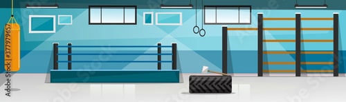 Sport club interior in flat style. Fight club with ring arena and sport equipment. Gym Vector illustration