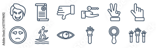 12 pack of icons. thin outline icons such as hands up, hand up, surfing, hand gesture, dissatisfaction, decree for web and mobile apps, logo
