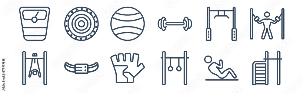 12 pack of icons. thin outline icons such as tightening bar, rings exercises, athletic strap, training apparatus, gymnastic ball, weight drive for web and mobile apps, logo