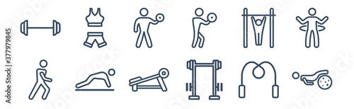 12 pack of icons. thin outline icons such as exercising with gymnastic ball, lifting dumbbells, pushups exercises, bar exercising, lifting weight with right arm, female sportwear for web and mobile