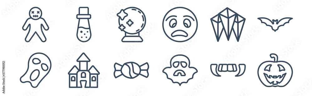 12 pack of icons. thin outline icons such as pumpkin face, ghosts, haunted house, crystals, future, flask bottle for web and mobile apps, logo 12 pack of icons. thin outline icons such as pumpkin face, ghosts, haunted house, crystals, future, flask bottle for web and mobile apps, logo