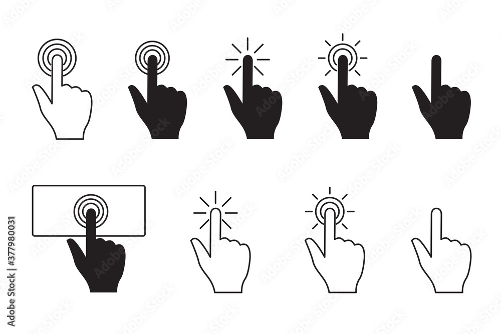 Button Hand Cursor Hand cursor presses button. Index finger clicks. Vector flat ...