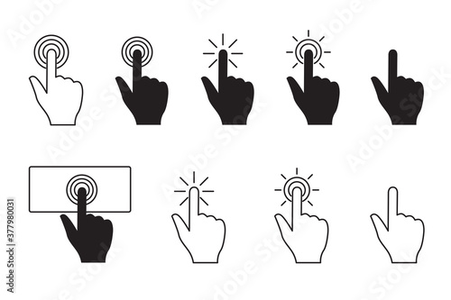 Hand cursor presses button. Index finger clicks. Vector flat illustration isolated on white background.  photo