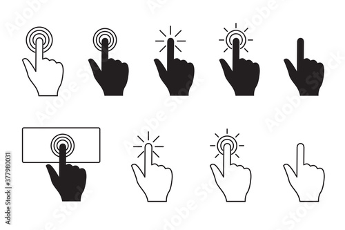 Hand cursor presses button. Index finger clicks. Vector flat illustration isolated on white background. 