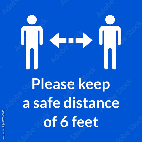 Please Keep a Safe Distance of 6 Feet Square Warning Floor Marking Sticker Icon. Vector Image.