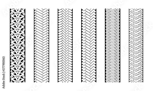 Editable tire tracks texture. Collection seamless tire pattern. Detailed tracks protector image. Set of tire imprints