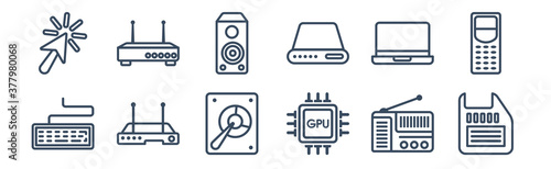 12 pack of icons. thin outline icons such as floppy disk upside down, gpu, hardware hotspot, laptop screen, loudspeakers, modem with two antenna for web and mobile apps, logo