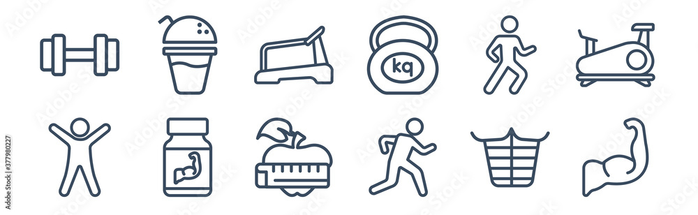 12 pack of icons. thin outline icons such as muscle, exercise, proteins, running, treadmill, juice for web and mobile apps, logo 12 pack of icons. thin outline icons such as muscle, exercise, proteins, running, treadmill, juice for web and mobile apps, logo
