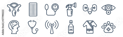12 pack of icons. thin outline icons such as veterinary, poisonous, phonendoscope, urology, blood pressure gauge, contraceptive pills for web and mobile apps, logo