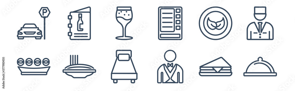 12 pack of icons. thin outline icons such as restaurant tray, servant, spaghetti, vegetarian, wine glass, wine menu for web and mobile apps, logo 12 pack of icons. thin outline icons such as restaurant tray, servant, spaghetti, vegetarian, wine glass, wine menu for web and mobile apps, logo