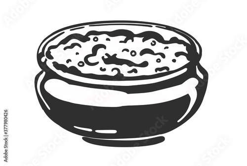 Pot with porridge, muesli or cottage cheese black and white. icon vector