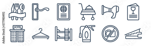 12 pack of icons. thin outline icons such as stairway, fire extinguisher, hanger, hairdryer, passport, doorknob for web and mobile apps, logo