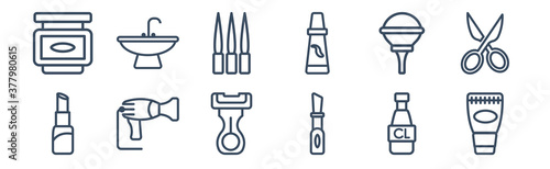 12 pack of icons. thin outline icons such as body cream, cosmetics, dryer, nasal aspirator, toothpick, washbowl for web and mobile apps, logo