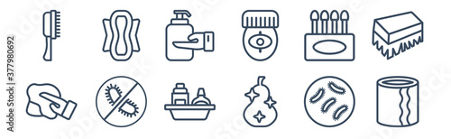 12 pack of icons. thin outline icons such as paper towel, food hygiene, antibacterial, ear buds, epliator, hygienic pad for web and mobile apps, logo