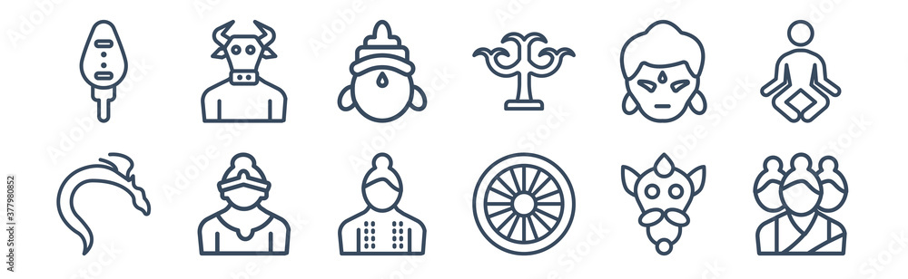 12 pack of icons. thin outline icons such as brahma, ashoka, chandra, krishna, saraswati, varaja for web and mobile apps, logo