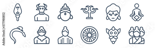 12 pack of icons. thin outline icons such as brahma, ashoka, chandra, krishna, saraswati, varaja for web and mobile apps, logo