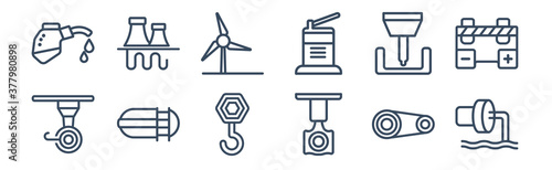 12 pack of icons. thin outline icons such as sewage, piston, oil tank, crusher, eco windmill, geothermal for web and mobile apps, logo