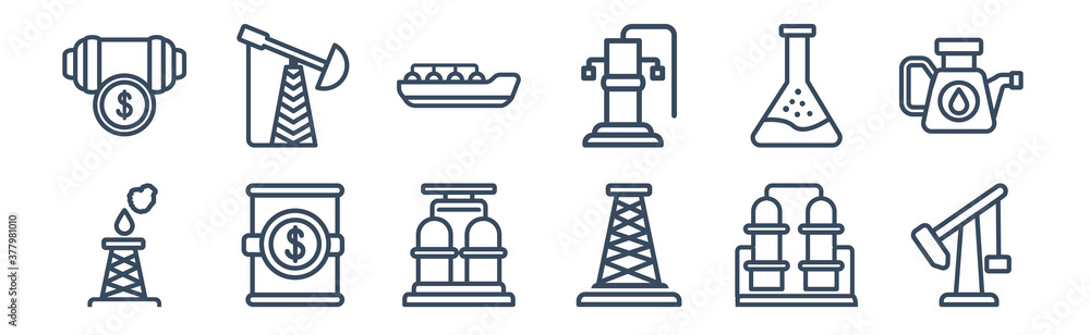 12 pack of icons. thin outline icons such as pump jack, oil rig, oil price, chemical, oil tanker, pumps for web and mobile apps, logo