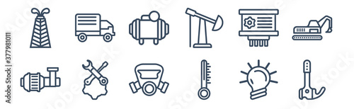 12 pack of icons. thin outline icons such as construction tool, thermometer, maintenance, planing, compressor, cargo truck for web and mobile apps, logo