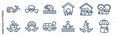 12 pack of icons. thin outline icons such as delivery insurance, drown, excessive weight for the vehicle, family house, flood risk, fracture for web and mobile apps, logo