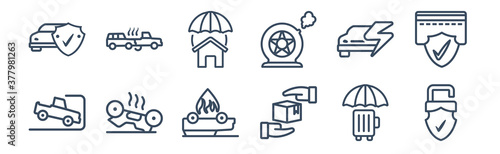 12 pack of icons. thin outline icons such as locked padlock insurance, moving insurance, overturned vehicle, problem electric, real estate insurance, rear end collision for web and mobile apps, logo