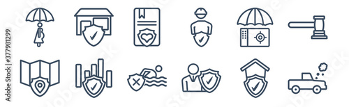 12 pack of icons. thin outline icons such as total loss, beneficiary, actual cash value, bank safe, marriage contract, small business insurance for web and mobile apps, logo