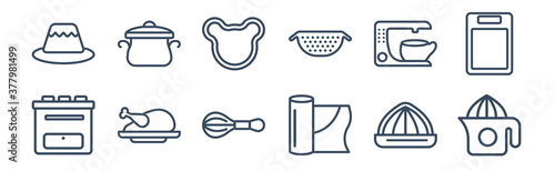 12 pack of icons. thin outline icons such as squeezer, aluminum foil, broiler, coffee machine, cookie cutter, cooking pot for web and mobile apps, logo