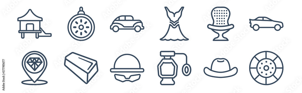 12 pack of icons. thin outline icons such as clutch, fragrance, gold bar, luxury armchair, old car, pocket watch for web and mobile apps, logo 12 pack of icons. thin outline icons such as clutch, fragrance, gold bar, luxury armchair, old car, pocket watch for web and mobile apps, logo