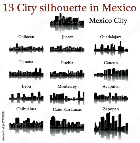 Set of 13 city silhouette in Mexico ( Mexico City, Juarez, Culiacan, Monterrey, Puebla, Cancun, Leon, Tijuana, Acapulco, Zapopan, Cabo San Lucas, Chihuahua, Guadalajara  )
