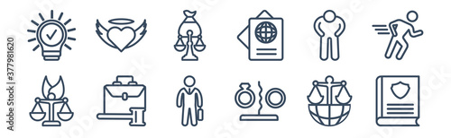 12 pack of icons. thin outline icons such as custody, divorce, employment law, guilty, inheritance law, innocent for web and mobile apps, logo