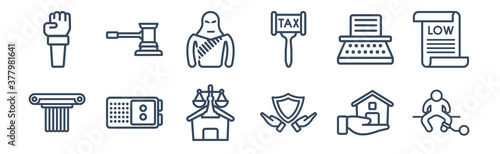 12 pack of icons. thin outline icons such as prisioner, qualified protection, recorder, stenographer, terrorism, veict for web and mobile apps, logo