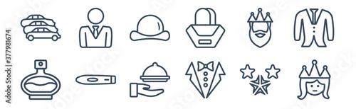 12 pack of icons. thin outline icons such as princess, tuxedo, cigar, king, bowler hat, business man for web and mobile apps, logo