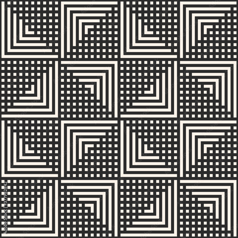 Vector geometric seamless pattern with lines, stripes, squares, arrows, repeat tiles. Simple black and white geo texture. Abstract monochrome background. Stylish modern design for decor, print, cover