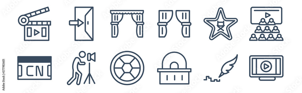 12 pack of icons. thin outline icons such as animation, box office, cameraman, cinema celebrity, cinema curtains, cinema exit for web and mobile apps, logo 12 pack of icons. thin outline icons such as animation, box office, cameraman, cinema celebrity, cinema curtains, cinema exit for web and mobile apps, logo