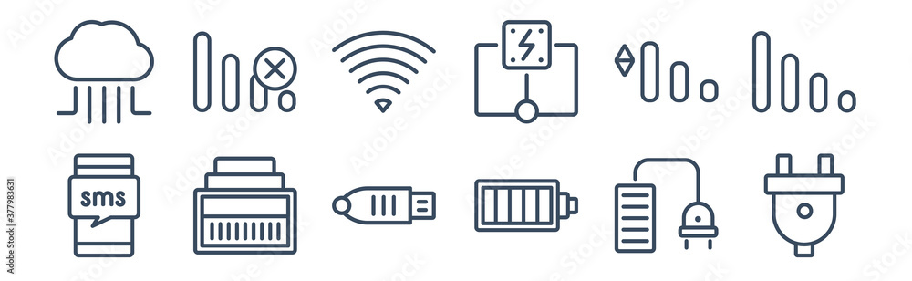 12 pack of icons. thin outline icons such as plug, battery, ethernet, medium, , no for web and mobile apps, logo