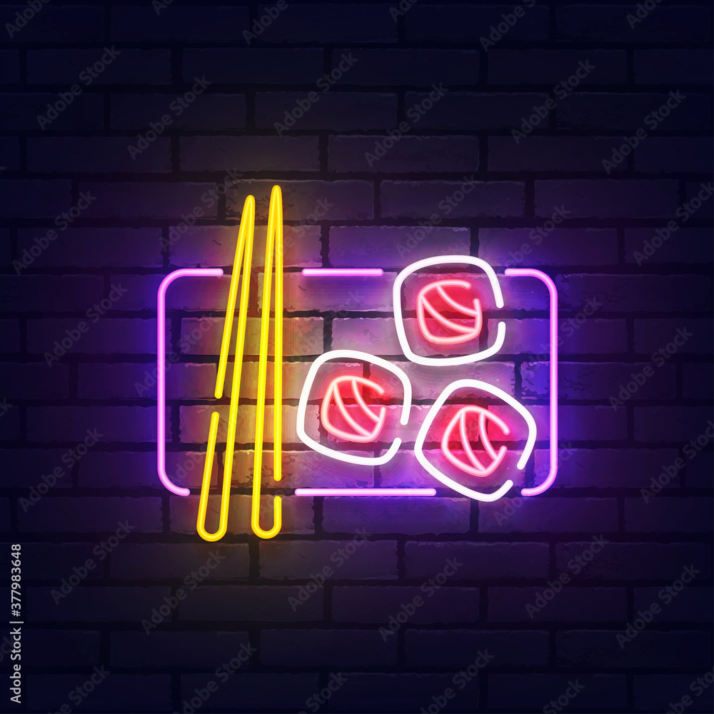 Sushi neon sign. Glowing neon light signboard of sushi bar. Sign of