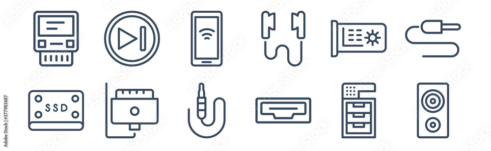 12 pack of icons. thin outline icons such as speakers, hdmi, magsafe, video card, phones, music player for web and mobile apps, logo